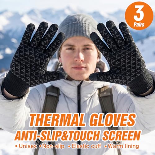 MA COWCF 3 Pairs Winter Gloves for Women Men Touch Screen Elastic Knit Thermal Anti-slip Gloves for Cold Weather(Black) - Image 2