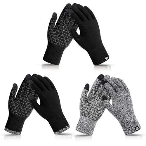 MA COWCF 3 Pairs Winter Gloves for Women Men Touch Screen Elastic Knit Thermal Anti-slip Gloves for Cold Weather(Black) - Image 1
