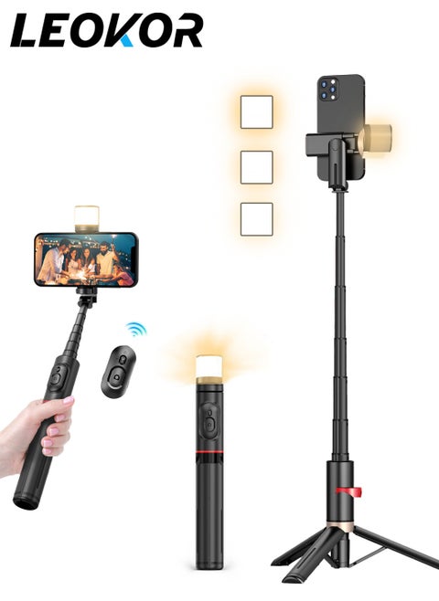 3-in-1 Extendable Phone Tripod,with Fill Light with Wireless Remote Control,for Mobile Phone Makeup Selfie Live,Selfie Sticks for Video/Photo/Vlog (Black)