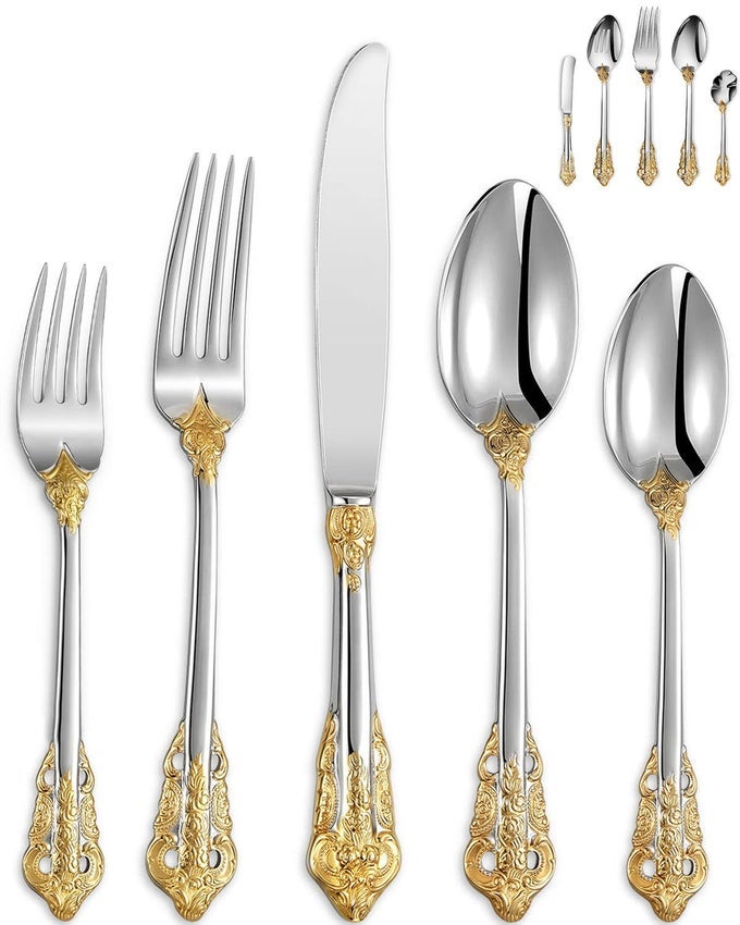 LUXURY 45 PIECES 1810 STAINLESS STEEL FLATWARE SET SERVICE FOR 8 SILVER PLATED WITH GOLD ACCENTS FINE SILVERWARE SET AND DISHWASHER SAFE