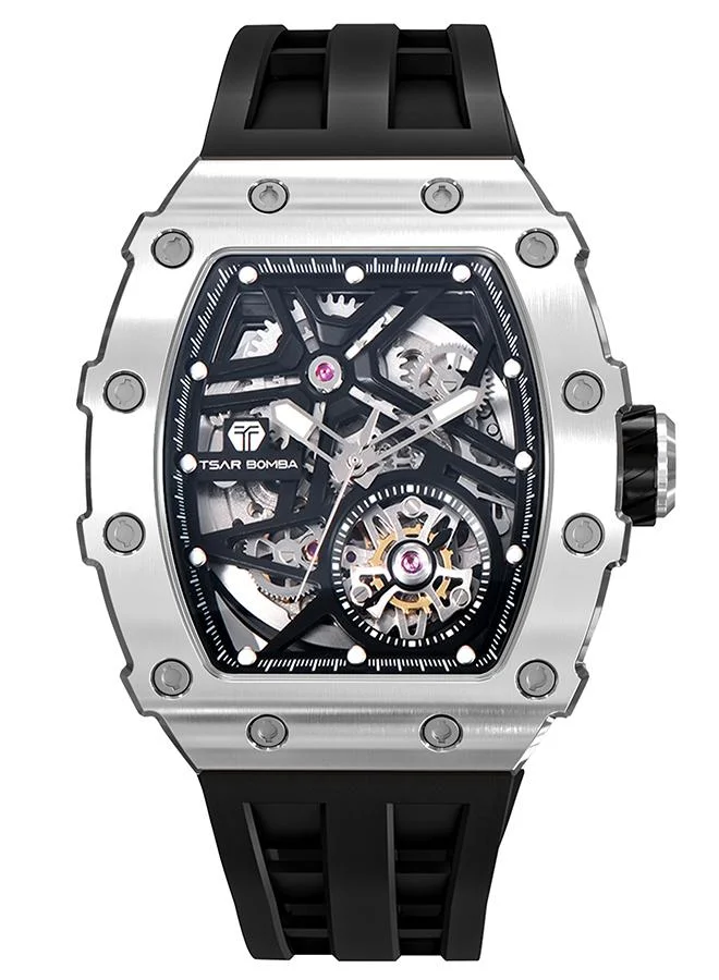 TSAR BOMBA Elemental Series 43mm Automatic Men's Watch with Black Silicone Strap