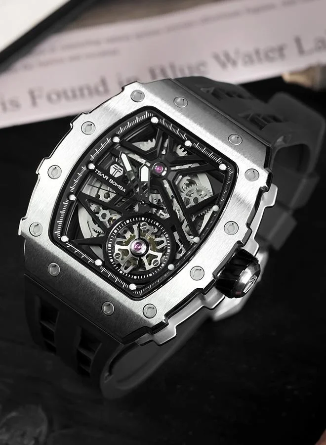 TSAR BOMBA Elemental Series 43mm Automatic Men's Watch with Black Silicone Strap