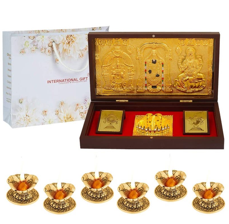 INTERNATIONAL GIFT INTERNATIONAL GIFT Divine Tirupati Balaji Gold Plated Charan Paduka Pocket Temple with 6 Hand Diyas Ideal for Home Mandir Puja and Special Occasions