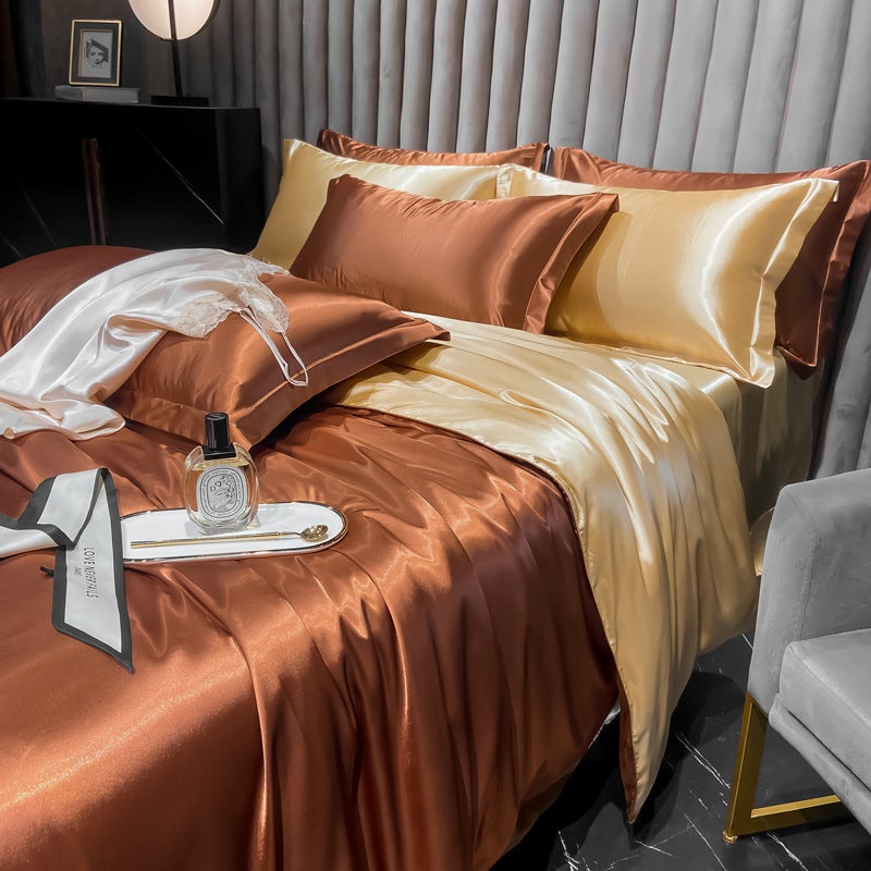 Light Luxury Bed Washed Silk Four-Piece Ice Silk Bed Sheet Quilt Cover Tencel Satin Silky Bedding - Image 1