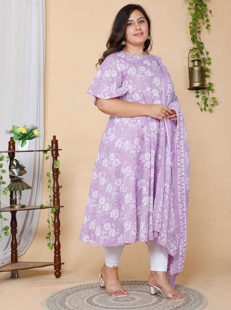 Miravan Womens Plus Size Floral Printed Bell Sleeves Anarkali Cotton Kurta With Dupatta - Image 2