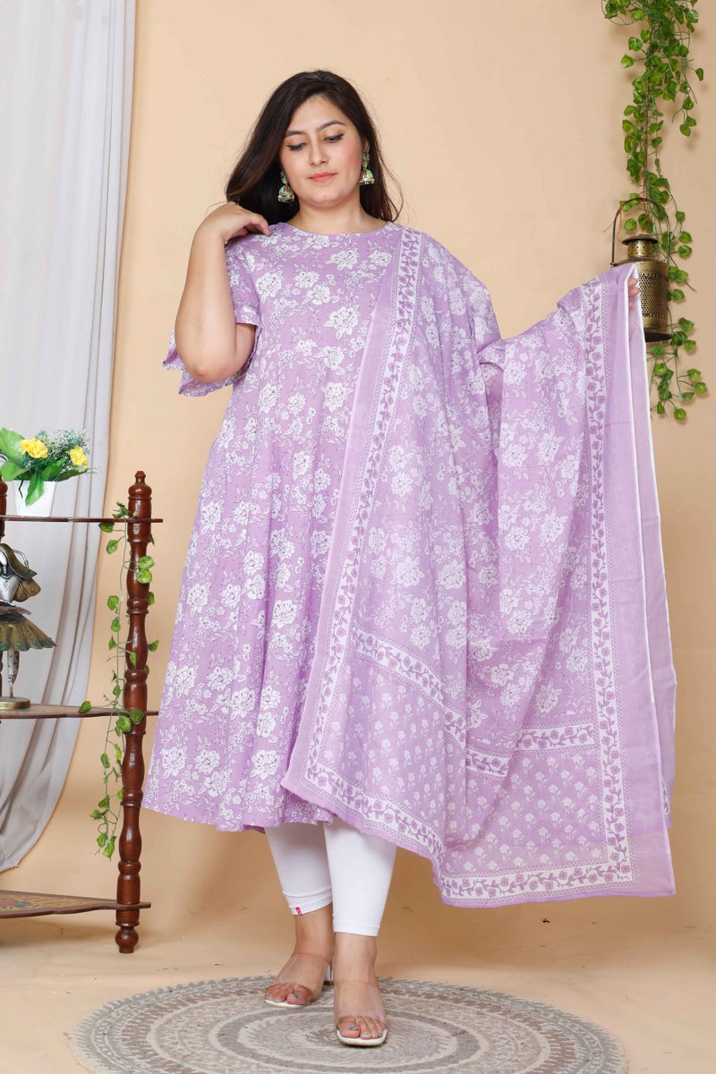 Miravan Womens Plus Size Floral Printed Bell Sleeves Anarkali Cotton Kurta With Dupatta - Image 1