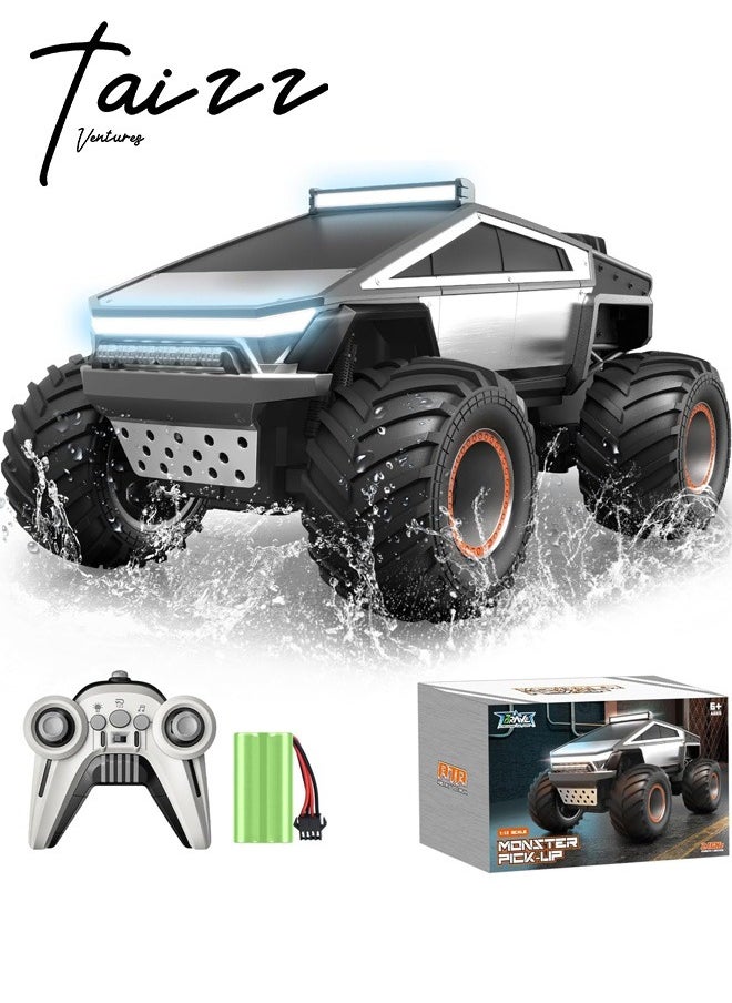 Taizz Ventures 1:12 RC Cybertruck Toy, Remote Control Cyber Truck 4WD Off Road Toy, Rock Crawler RC Car with Alloy Shell Lights and Sounds, 2.4GHz All-Terrain Toy Car for Boy Kids Adults - Silver  - Image 1