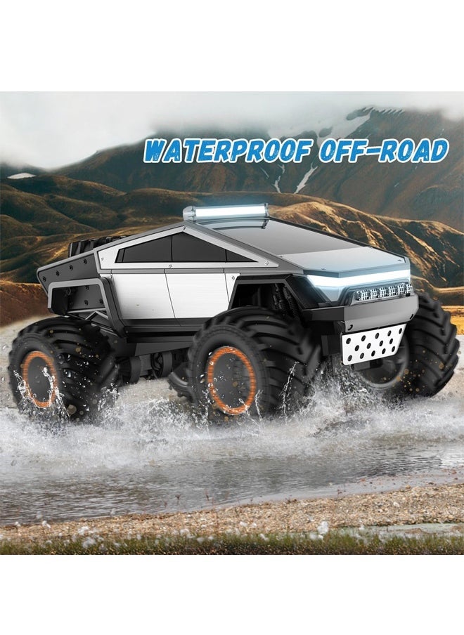 Taizz Ventures 1:12 RC Cybertruck Toy, Remote Control Cyber Truck 4WD Off Road Toy, Rock Crawler RC Car with Alloy Shell Lights and Sounds, 2.4GHz All-Terrain Toy Car for Boy Kids Adults - Silver  - Image 4