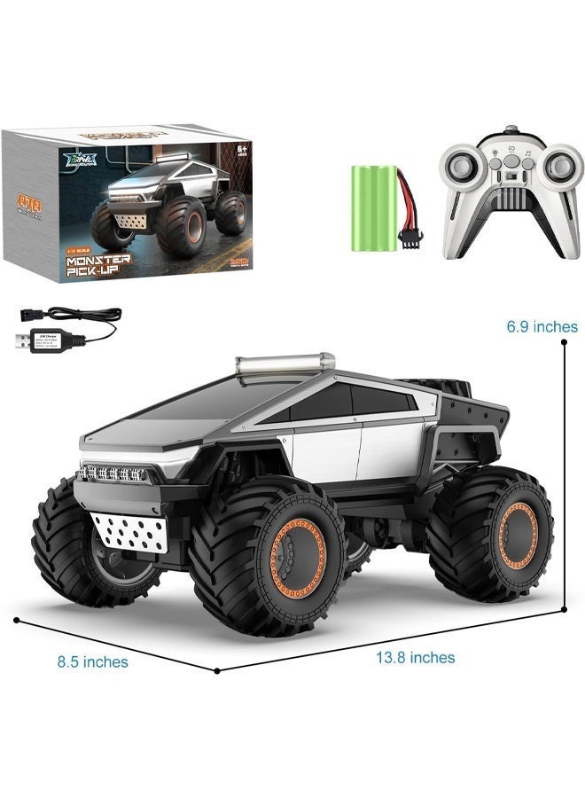 Taizz Ventures 1:12 RC Cybertruck Toy, Remote Control Cyber Truck 4WD Off Road Toy, Rock Crawler RC Car with Alloy Shell Lights and Sounds, 2.4GHz All-Terrain Toy Car for Boy Kids Adults - Silver - Image 2