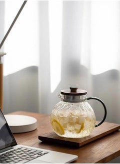 ShebSheb 1.3L Heat Resistant Glass Pitcher with Wooden Lid,Hammered Glass Cold Water teapot with Handle  - Image 2