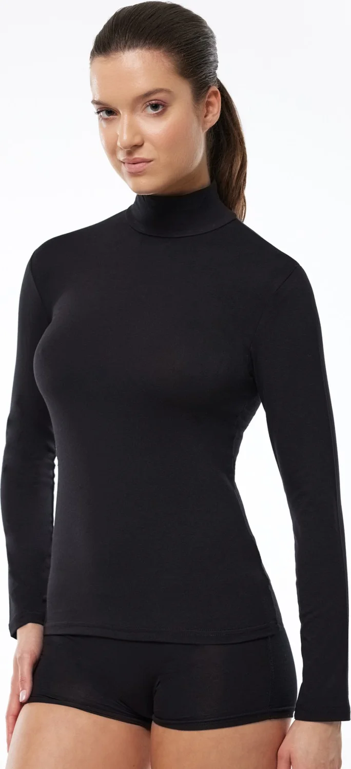 Malabadi Women's Black Long Sleeve Half Turtleneck Modal Bodysuit 180