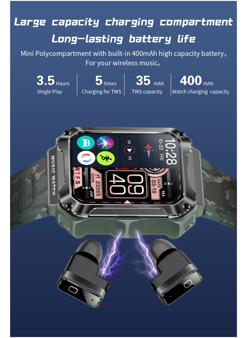 Generic - T93 Bluetooth Smart Watch With Earbuds For Android iPhone Fitness Tracker With Blood Oxygen Heart Rate Sleep Monitor Long Time Standby Sports Black - Image 1