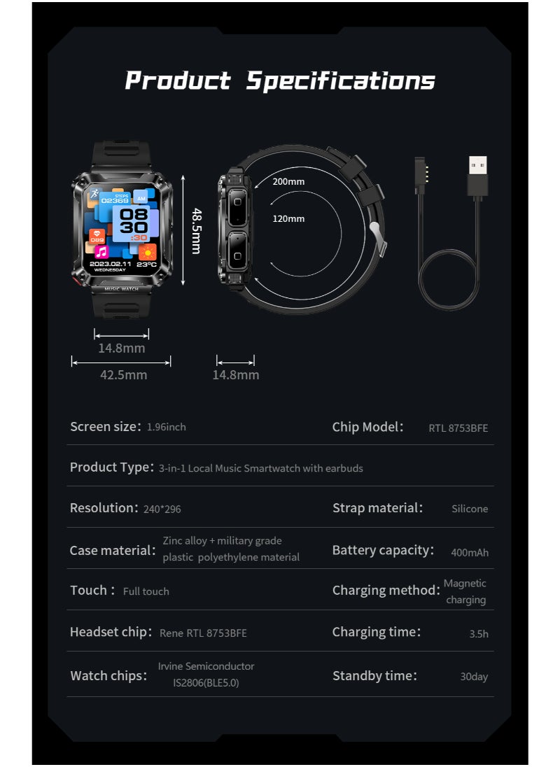 Generic - T93 Bluetooth Smart Watch With Earbuds For Android iPhone Fitness Tracker With Blood Oxygen Heart Rate Sleep Monitor Long Time Standby Sports Black - Image 1