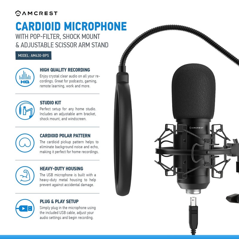 Amcrest USB Microphone for Voice Recordings, Podcasts, Gaming, Online Conferences, Live Streaming, Cardioid Microphone with Boom Arm, Pop-Filter, Shock Mount, AM430-BPS - Image 2