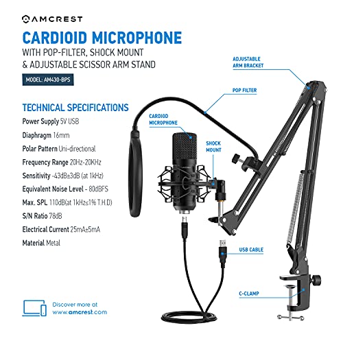 Amcrest USB Microphone for Voice Recordings, Podcasts, Gaming, Online Conferences, Live Streaming, Cardioid Microphone with Boom Arm, Pop-Filter, Shock Mount, AM430-BPS - Image 5