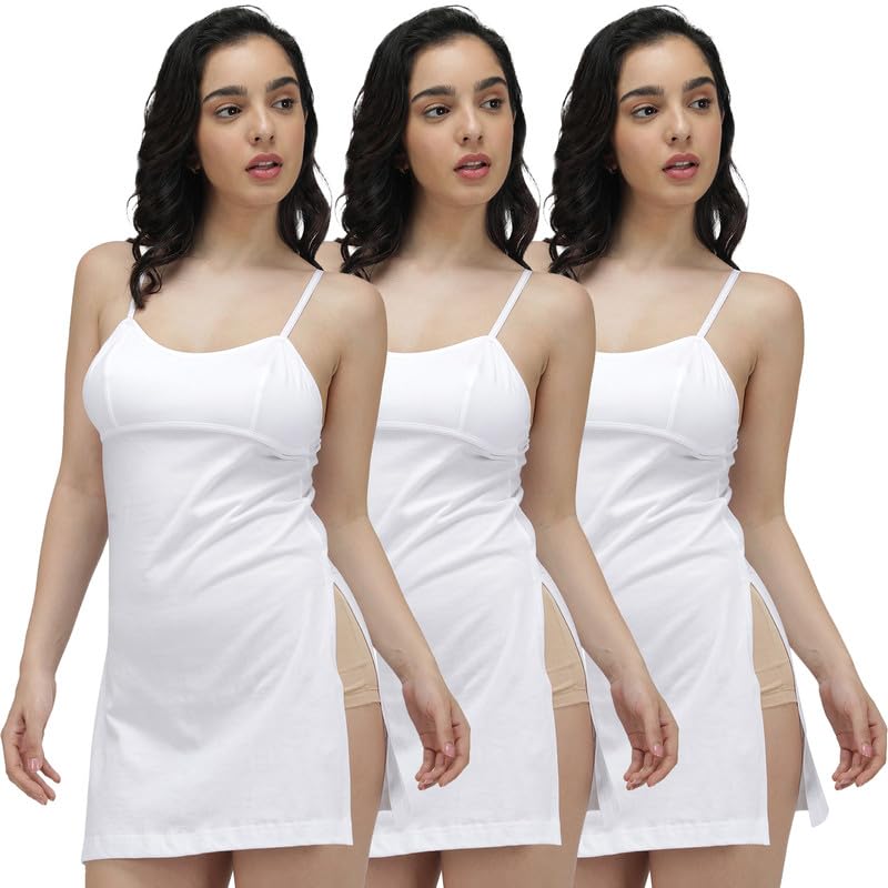 Amul Comfy Women's Pure Cotton Adjustable Long Slip, Lightweighted and Soft, Side Slit| White | Pack of 3|Combo. - Image 1