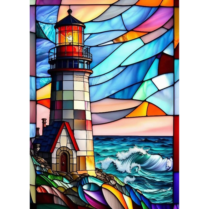 DAERLE 5D Lighthouse Diamond Painting Kits for Adults Kids Stained Glass Window Diamond Art Full Drill Kits DIY Diamond Pictures Kits for Home Office Wall Decoration 30x40cm