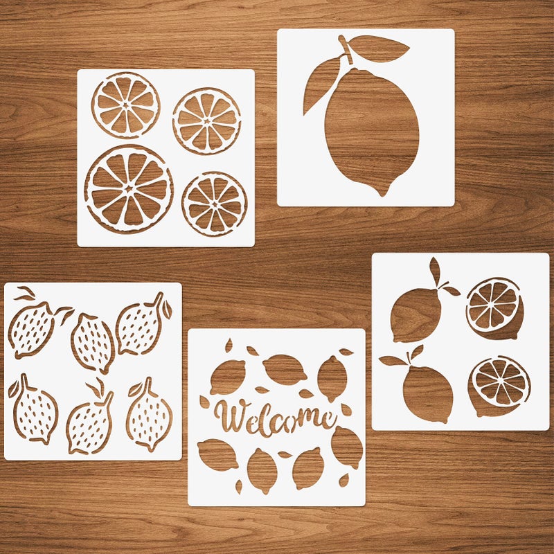 CODOHI Lemon Stencils 5 Pcs Summer Painting Stencils for Farmhouse Wood Signs Welcome Lemon Reusable Mylar Template for Pillows Wall Scrapbook Card Making DIY Craft 59x59