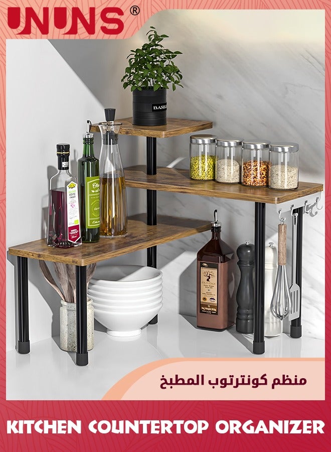 UNUNS Kitchen Counter Shelf Organizer,3 Tier Corner Shelf Bathroom Countertop Organizer With Hooks,Space Saving Makeup Organizer Spice Rack Corner Plant Shelf,Dark Brown - Image 1