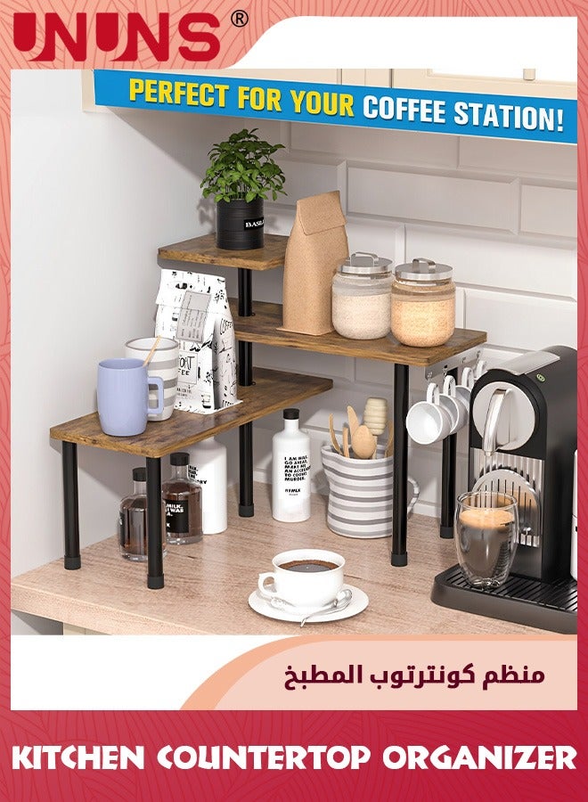 UNUNS Kitchen Counter Shelf Organizer,3 Tier Corner Shelf Bathroom Countertop Organizer With Hooks,Space Saving Makeup Organizer Spice Rack Corner Plant Shelf,Dark Brown - Image 3