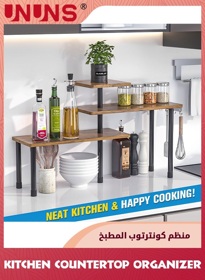 UNUNS Kitchen Counter Shelf Organizer,3 Tier Corner Shelf Bathroom Countertop Organizer With Hooks,Space Saving Makeup Organizer Spice Rack Corner Plant Shelf,Dark Brown - Image 4