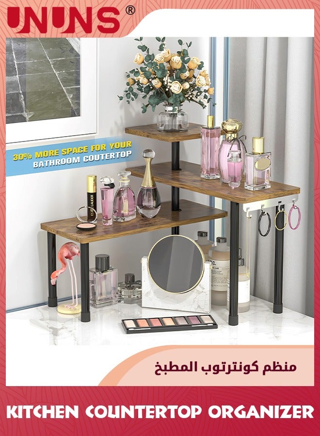 UNUNS Kitchen Counter Shelf Organizer,3 Tier Corner Shelf Bathroom Countertop Organizer With Hooks,Space Saving Makeup Organizer Spice Rack Corner Plant Shelf,Dark Brown - Image 5