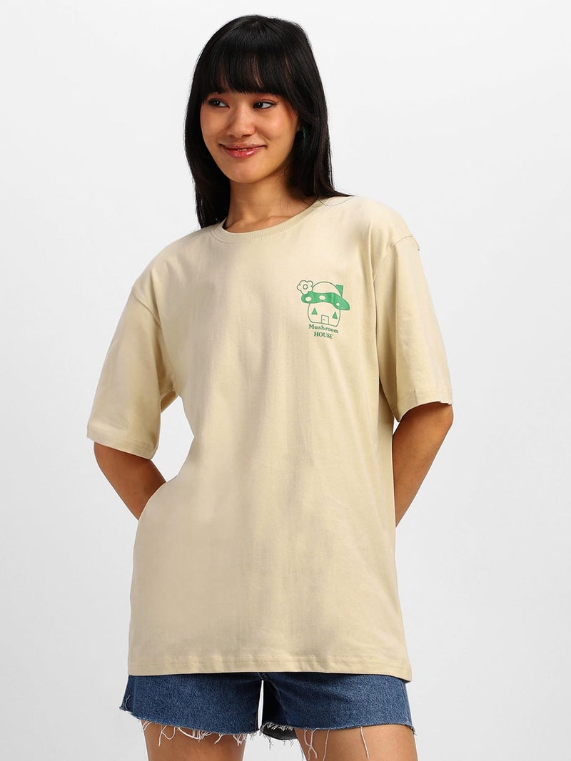 JUNEBERRY® Pure Cotton Oversized Round Neck Drop Shoulder Swan White Back Graphic Printed T-Shirt for Women/Girls (M) - Image 2