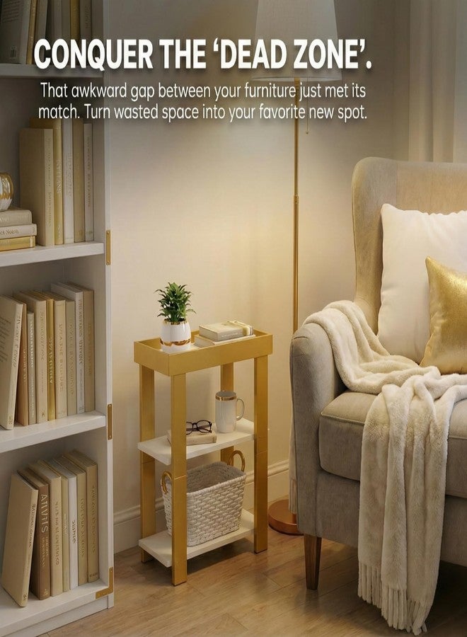 ZEXVIDA Narrow Side Table, 3-Tier Side Table, Rustic Farmhouse Narrow End Table with Storage, Slim Table Nightstand for Small Spaces, Bedroom or Living Room (White + Gold) - Image 2