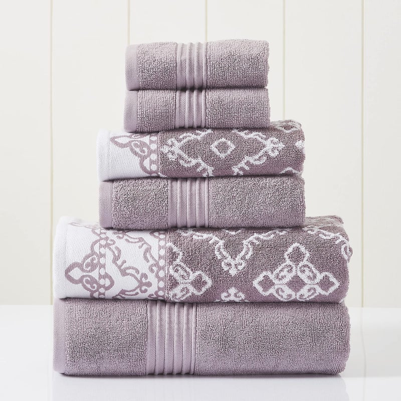 Modern Threads 6 Piece Set 2 Bath Towels 2 Hand Towels 2 Washcloths Yarn Dyed JacquardSolid Towel Set Charlize Orchid