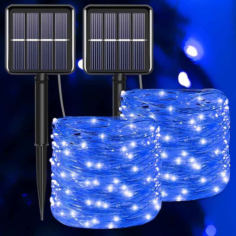 YAOZHOU Blue Solar Christmas String Lights Outdoor Waterproof, 2Pack Total 200Led 66Ft 8 Modes Copper Fairy Lights for Halloween Garden, Patio, Fence, Balcony, Outdoors - Image 1