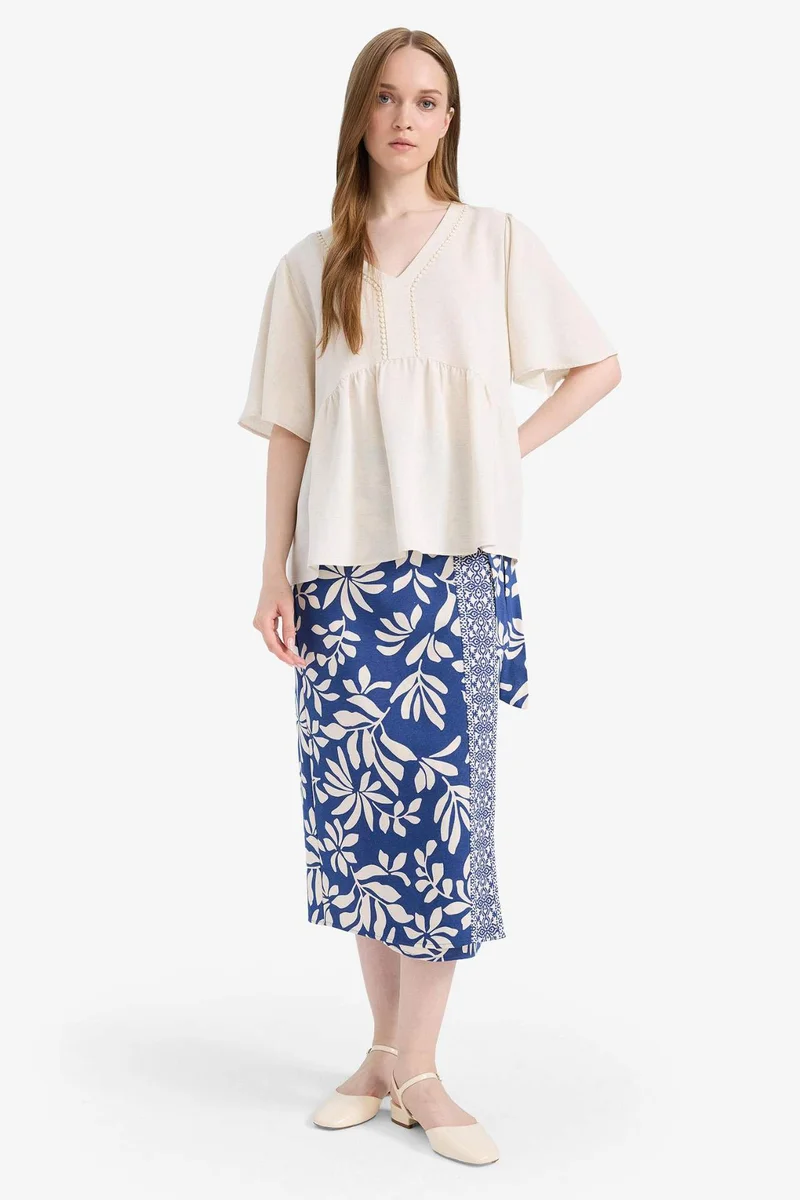DeFacto Regular Fit Patterned Linen Blend Midi Skirt