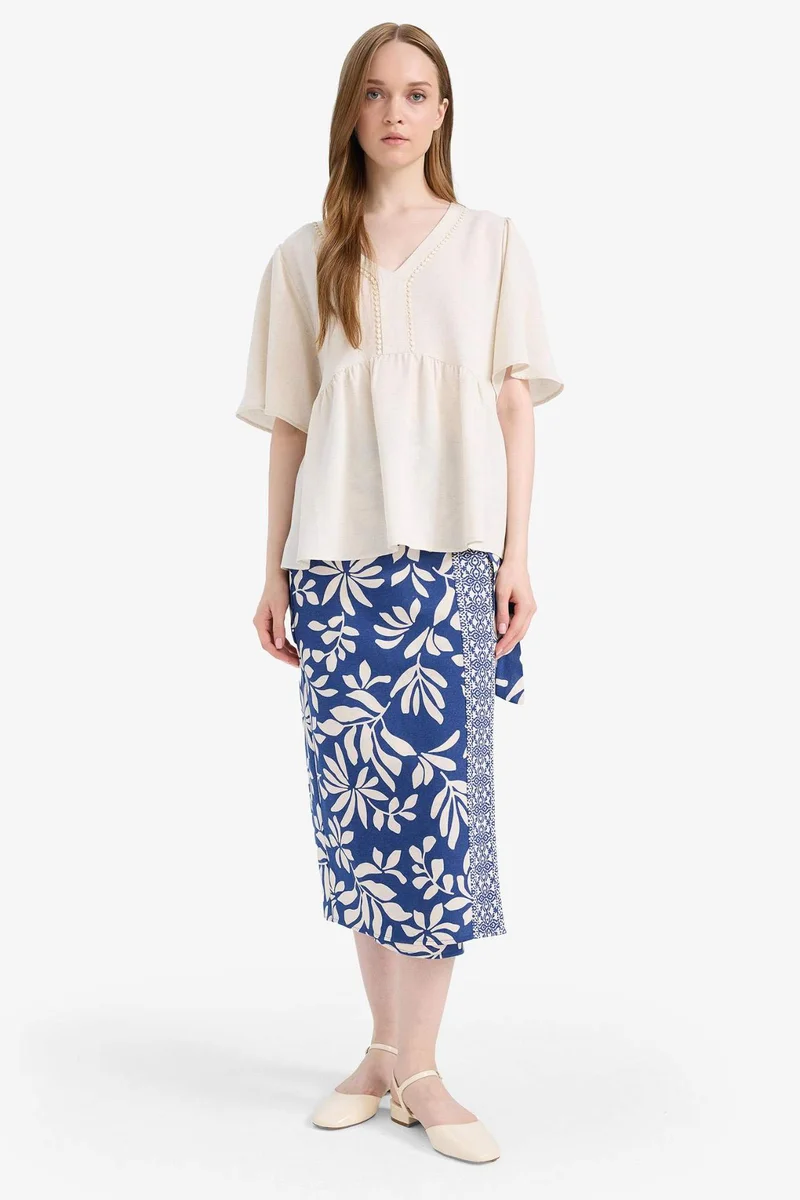 DeFacto Regular Fit Patterned Linen Blend Midi Skirt