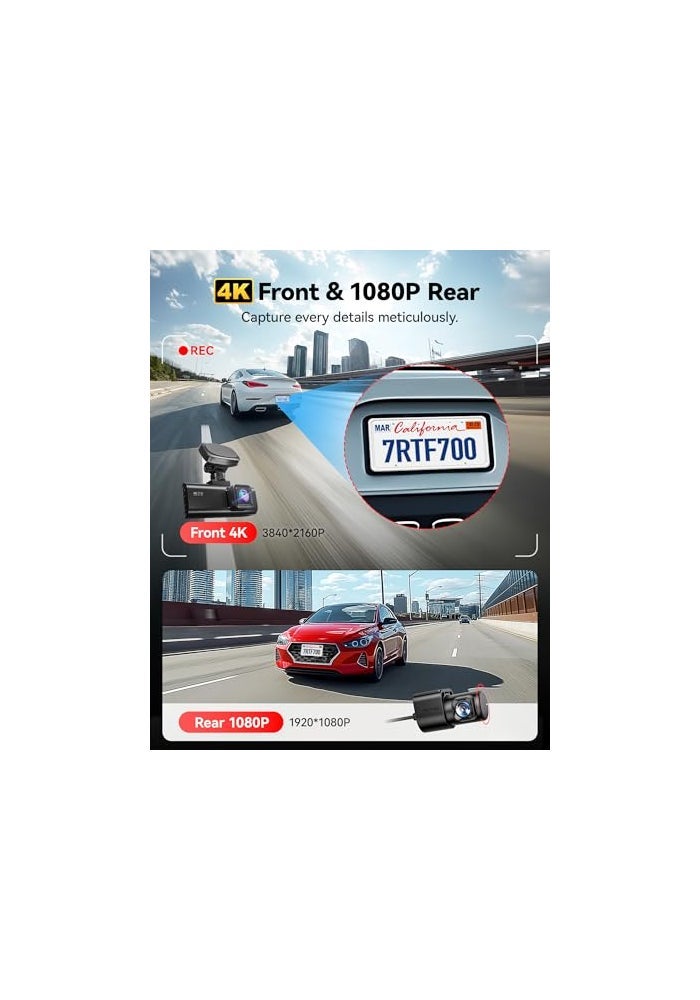 REDTIGER 4K Dash Cam Front and Rear STARVIS 2 Sensor 64GB Card Included 4K25K1080P Dual Dash Camera for Cars Builtin WiFi GPS 318 Inch IPS Screen 170 Wide Angle Parking Monitor F7N Pro - Image 3