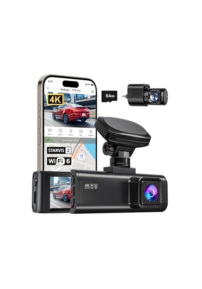 REDTIGER 4K Dash Cam Front and Rear STARVIS 2 Sensor 64GB Card Included 4K25K1080P Dual Dash Camera for Cars Builtin WiFi GPS 318 Inch IPS Screen 170 Wide Angle Parking Monitor F7N Pro - Image 1