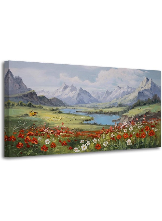 Arjun Mountain Landscape Wall Art Canvas Red Flower Landscape Painting Textured Floral Nature Scenery Picture Large Framed Artwork for Living Room Bedroom Bathroom Office Home Wall Decor, 40"x20" - Image 1