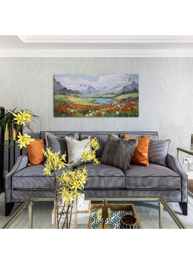 Arjun Mountain Landscape Wall Art Canvas Red Flower Landscape Painting Textured Floral Nature Scenery Picture Large Framed Artwork for Living Room Bedroom Bathroom Office Home Wall Decor, 40"x20" - Image 2