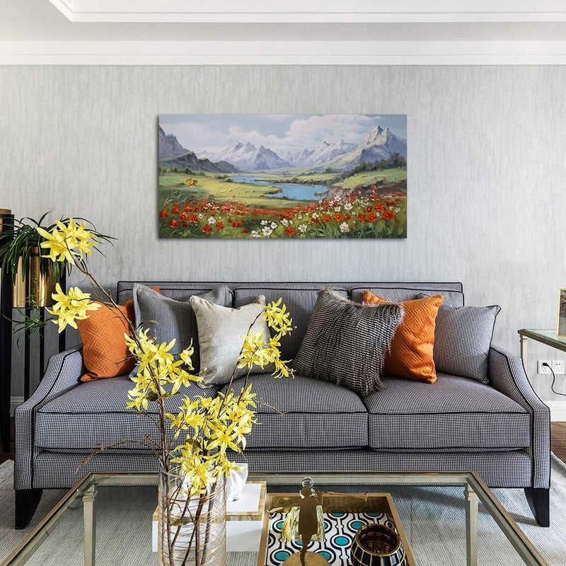 Arjun Mountain Landscape Wall Art Canvas Red Flower Landscape Painting Textured Floral Nature Scenery Picture Large Framed Artwork for Living Room Bedroom Bathroom Office Home Wall Decor, 40"x20" - Image 3