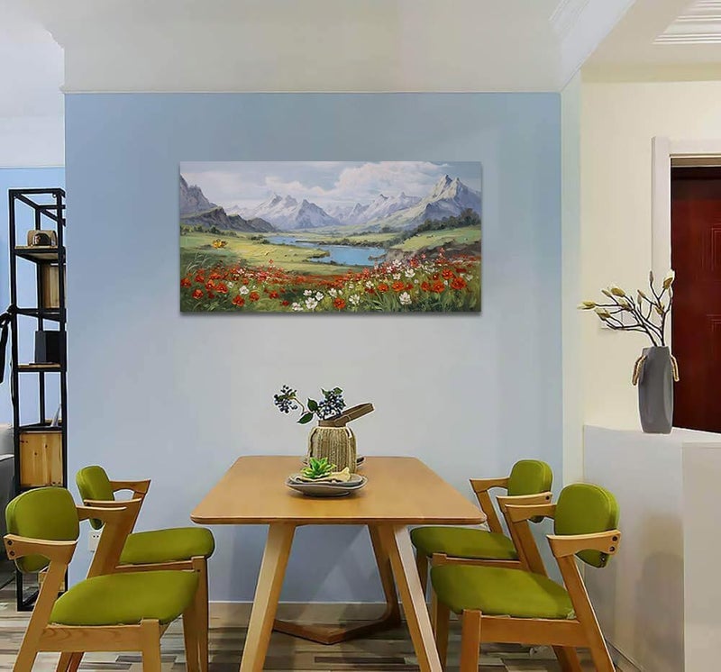 Arjun Mountain Landscape Wall Art Canvas Red Flower Landscape Painting Textured Floral Nature Scenery Picture Large Framed Artwork for Living Room Bedroom Bathroom Office Home Wall Decor, 40"x20" - Image 5