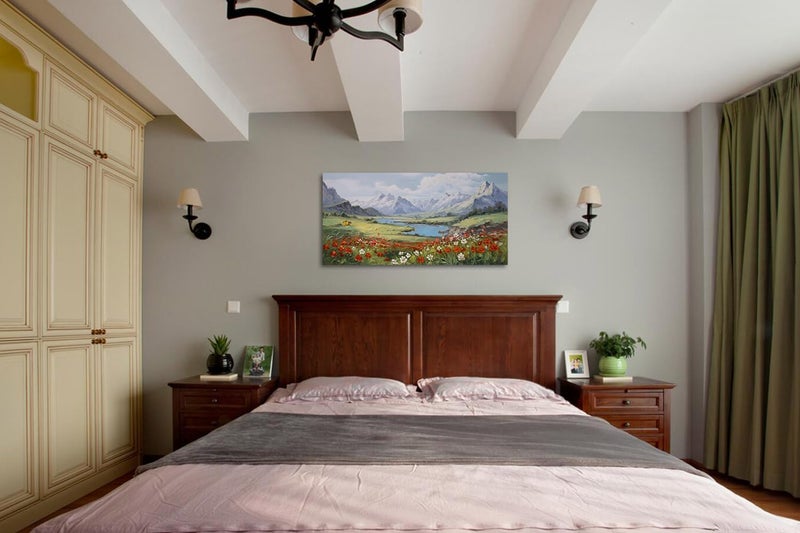 Arjun Mountain Landscape Wall Art Canvas Red Flower Landscape Painting Textured Floral Nature Scenery Picture Large Framed Artwork for Living Room Bedroom Bathroom Office Home Wall Decor, 40"x20" - Image 4