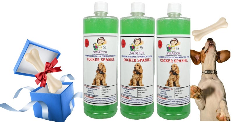 swacch Shampoo | Puppy Safe Shampoo | Cocker Spaniel Dog Shampoo (1 Litre) (Pack of 3) Neem Alovera + Large White Bone | Dog Chew Bones | Teething chew Toy | Dental Teething | Combo Pack - Image 1