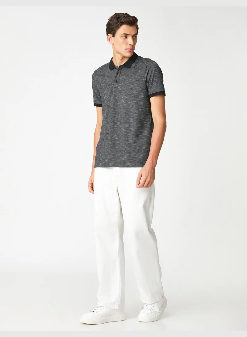 KOTON Polo Neck T-Shirt Geometric Printed Buttoned Short Sleeve Slim Fit