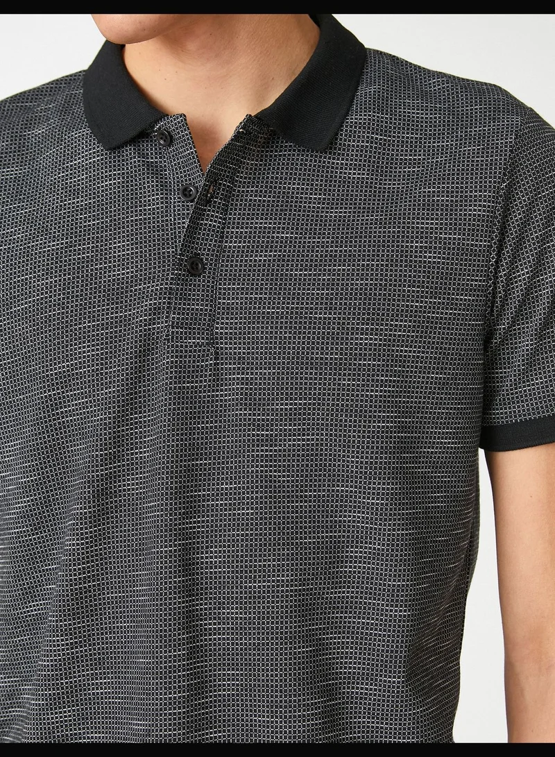 KOTON Polo Neck T-Shirt Geometric Printed Buttoned Short Sleeve Slim Fit