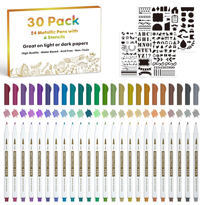Lineon 30 Pack Metallic Marker Pens, Lineon 24 Colors Fine Tip Paint Pens with 6 Stencils for DIY Craft Photo Album Rock Art Painting Card Making Glass Wood - Image 1