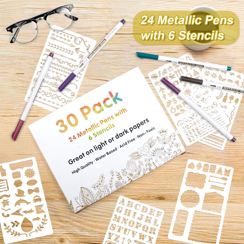 Lineon 30 Pack Metallic Marker Pens, Lineon 24 Colors Fine Tip Paint Pens with 6 Stencils for DIY Craft Photo Album Rock Art Painting Card Making Glass Wood - Image 2
