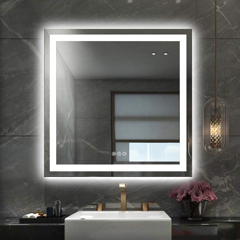 مرآة حمام LED أموره 36x 36 مع إضاءة أمامية وخلفية قابلة للتعتيم بدون خطوات مع مرايا حائط مضادة للضباب ومضادة للكسر بذاكرة 3 ألوان مرآة تجميل مزدوجة LED