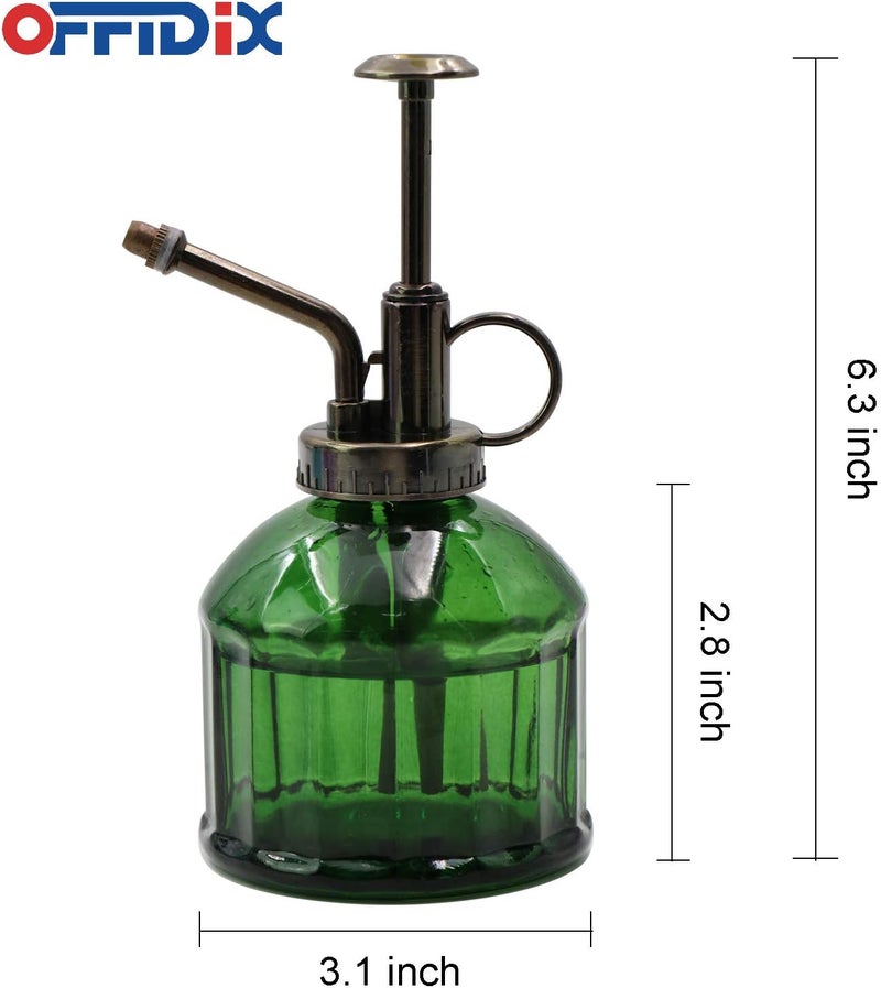 OFFIDIX Glass Plant Mister, 6.3 Inches Tall Vintage Style Spritzer Bronze Plastic Top Pump One Hand Watering Can Indoor Plant Spray Bottle for Garden, Plants, Cleaning (Dark Green) - Image 2