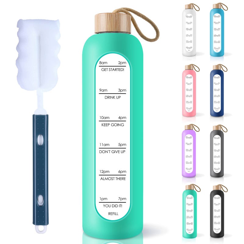 PROBTTL 32 Oz Borosilicate Glass Water Bottle with Time Marker Reminder Quotes  1 Liter Leak Proof Reusable BPA Free Motivational Water Bottles with Silicone Sleeve and Bamboo Lid (Aqua) - Image 1