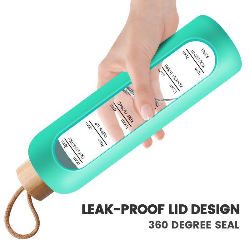 PROBTTL 32 Oz Borosilicate Glass Water Bottle with Time Marker Reminder Quotes  1 Liter Leak Proof Reusable BPA Free Motivational Water Bottles with Silicone Sleeve and Bamboo Lid (Aqua) - Image 4