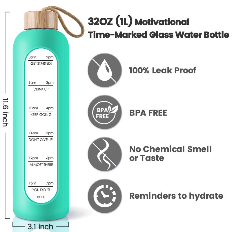PROBTTL 32 Oz Borosilicate Glass Water Bottle with Time Marker Reminder Quotes  1 Liter Leak Proof Reusable BPA Free Motivational Water Bottles with Silicone Sleeve and Bamboo Lid (Aqua) - Image 2