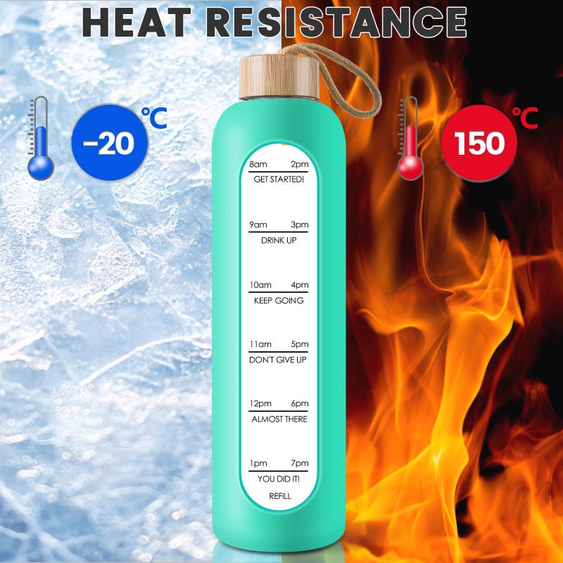 PROBTTL 32 Oz Borosilicate Glass Water Bottle with Time Marker Reminder Quotes  1 Liter Leak Proof Reusable BPA Free Motivational Water Bottles with Silicone Sleeve and Bamboo Lid (Aqua) - Image 5